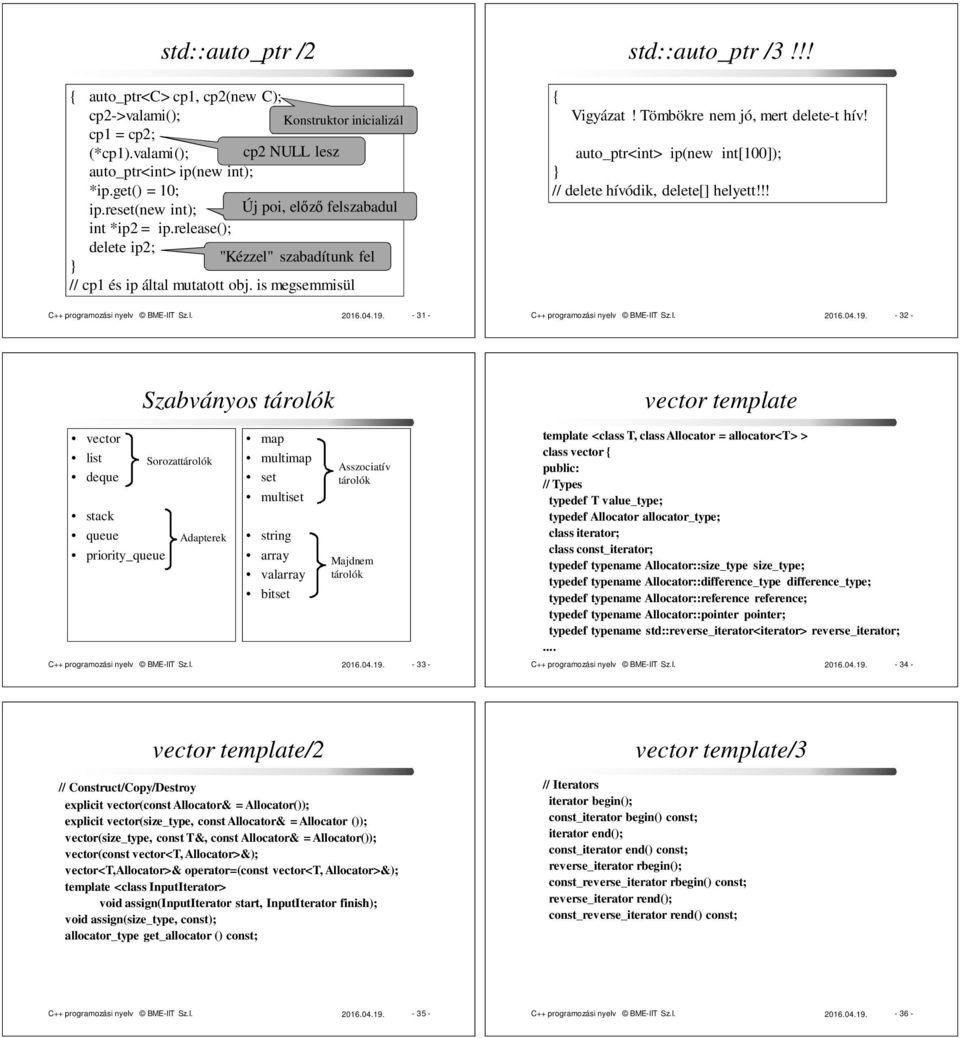Tömbökre nem jó, mert delete-t hív! auto_ptr<int> ip(new int[100]); // delete hívódik, delete[] helyett!!! C++ programozási nyelv BME-IIT Sz.I. 2016.04.19.