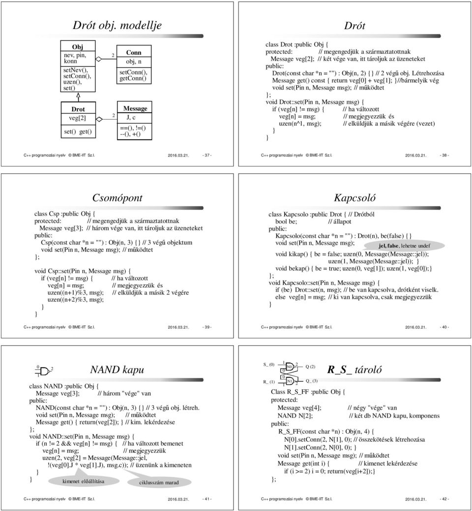 Létrehozása get() const { return veg[0] + veg[]; //bármelyik vég void set(pin n, msg); // működtet void Drot::set(Pin n, msg) { if (veg[n]!