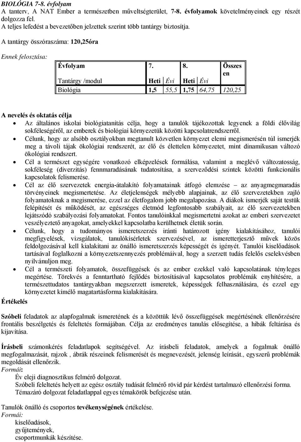 Összes en Tantárgy /modul Heti Évi Heti Évi Biológia 1,5 55,5 1,75 64,75 120,25 A nevelés és oktatás célja Az általános iskolai biológiatanítás célja, hogy a tanulók tájékozottak legyenek a földi