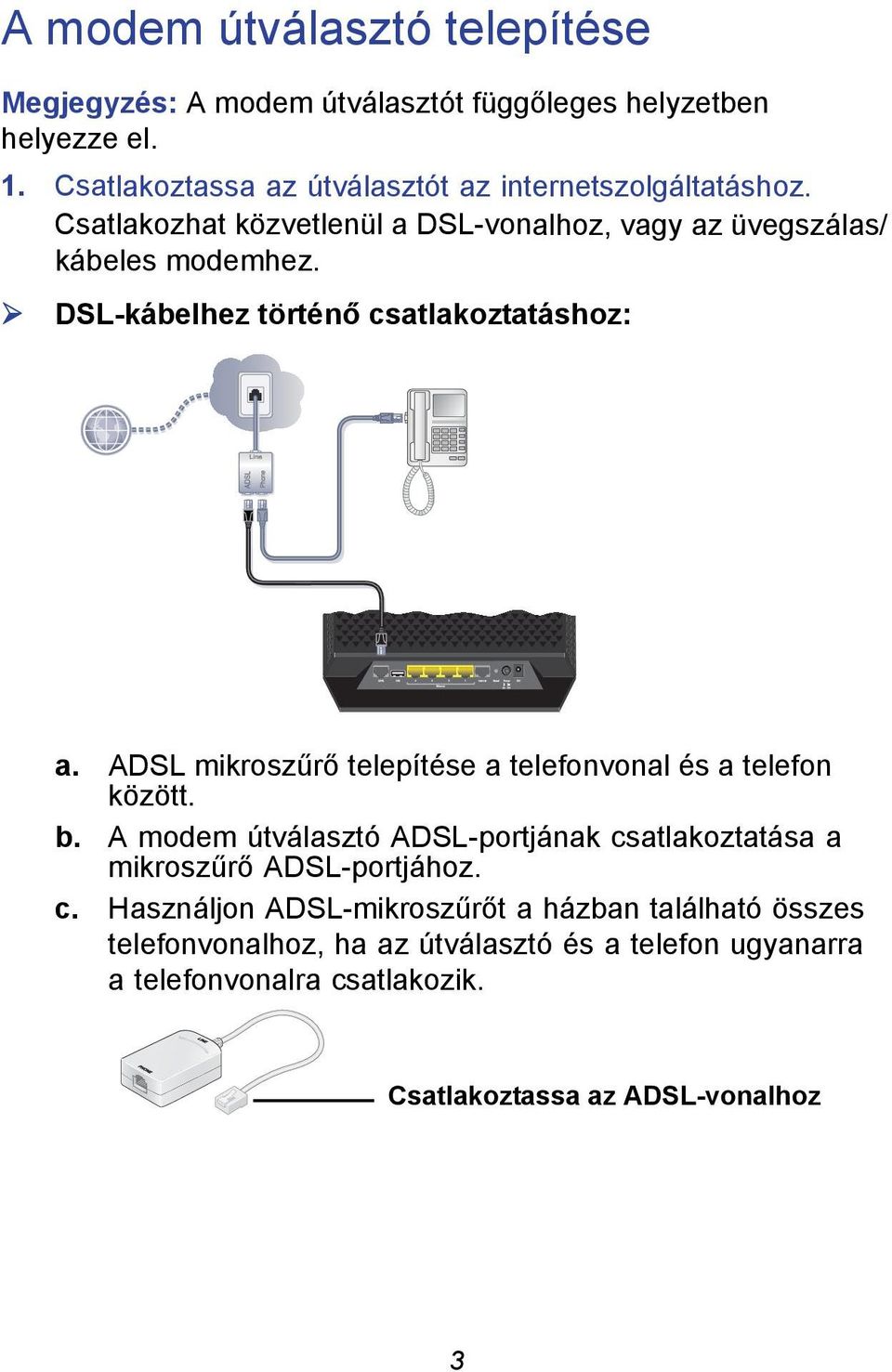 DSL-kábelhez történő csatlakoztatáshoz: a. ADSL mikroszűrő telepítése a telefonvonal és a telefon között. b.