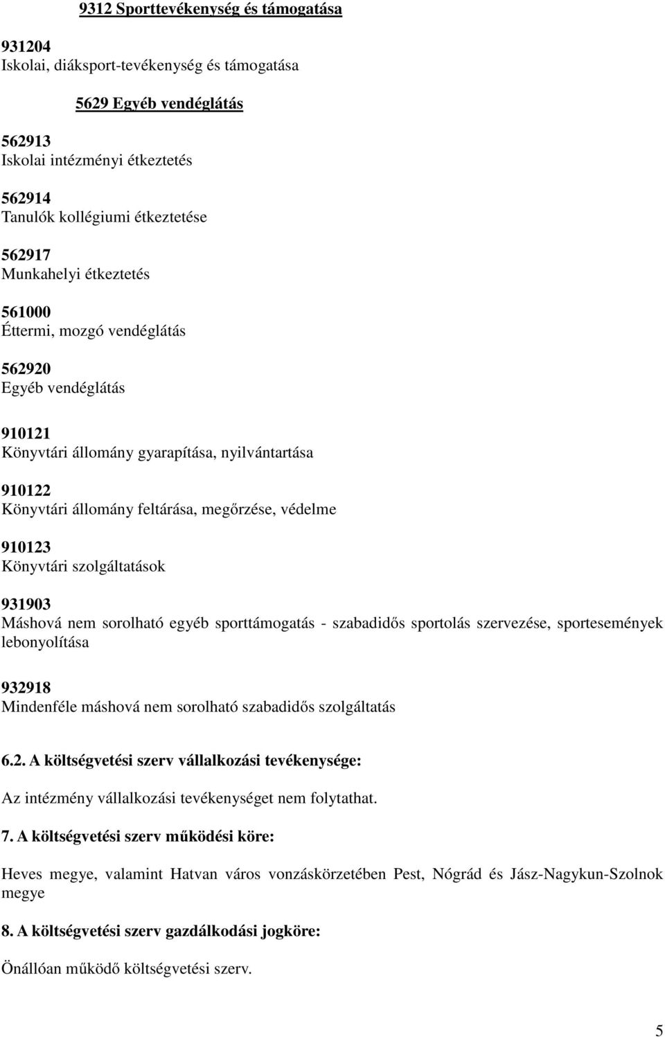 Könyvtári szolgáltatások 931903 Máshová nem sorolható egyéb sporttámogatás - szabadidős sportolás szervezése, sportesemények lebonyolítása 932918 Mindenféle máshová nem sorolható szabadidős