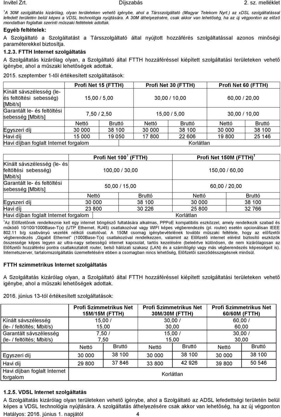 Egyéb feltételek: A Szolgáltató a Szolgáltatást a Társszolgáltató által nyújtott hozzáférés szolgáltatással azonos minőségi paraméterekkel biztosítja. 1.2.3.