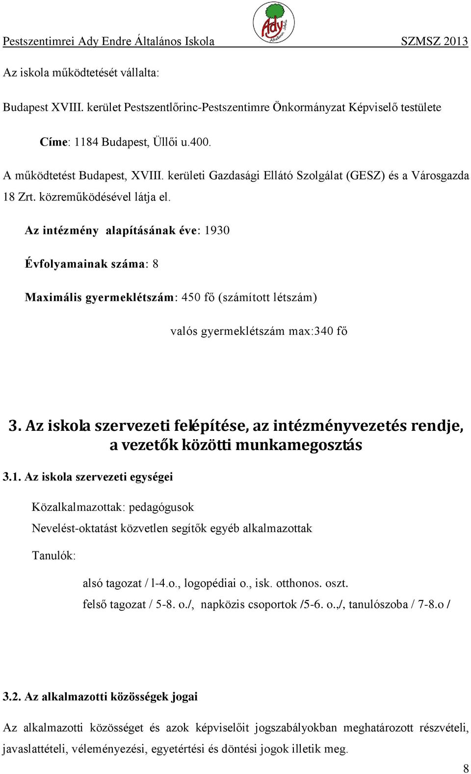 Az intézmény alapításának éve: 1930 Évfolyamainak száma: 8 Maximális gyermeklétszám: 450 fő (számított létszám) valós gyermeklétszám max:340 fő 3.