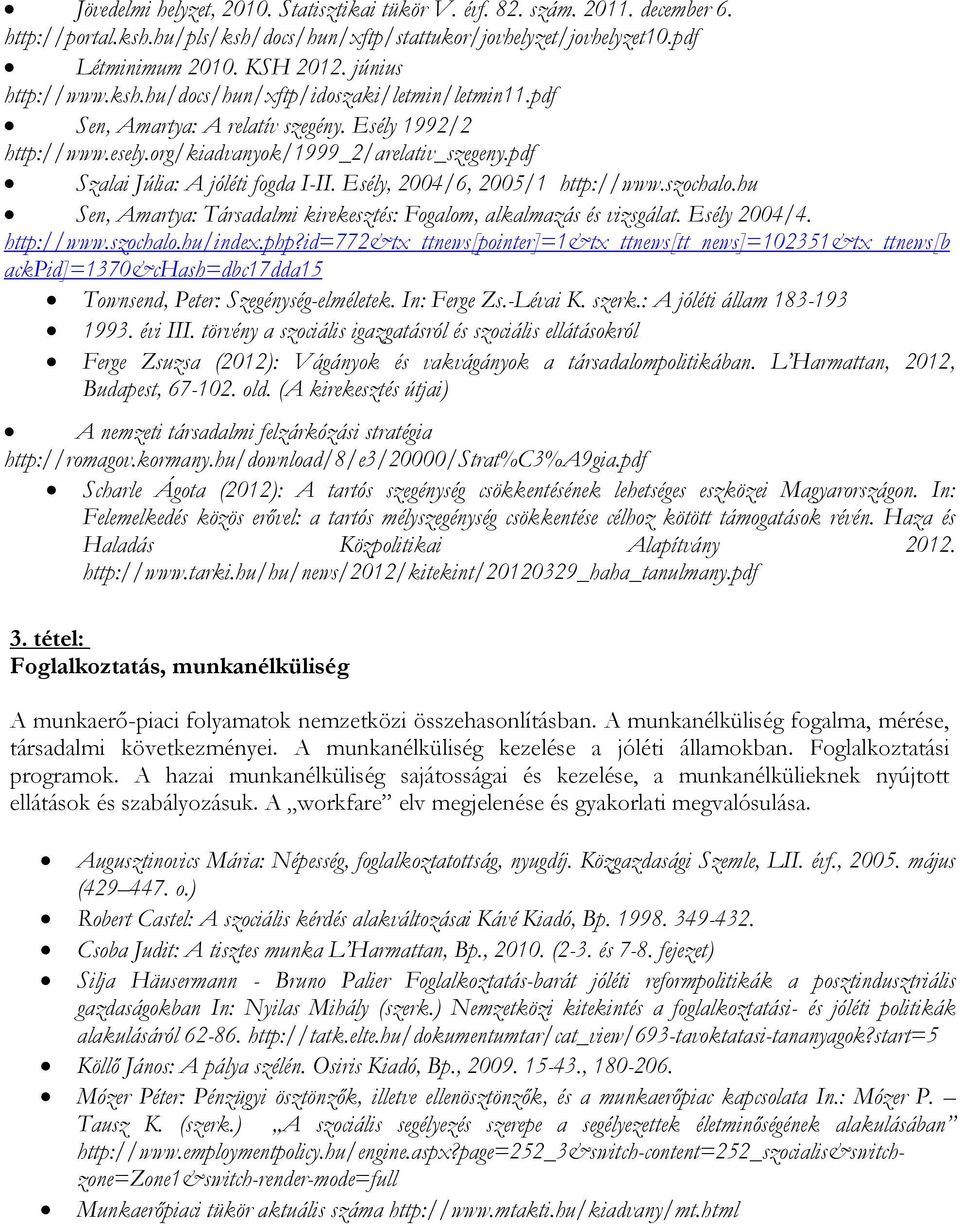 pdf Szalai Júlia: A jóléti fogda I-II. Esély, 2004/6, 2005/1 http://www.szochalo.hu Sen, Amartya: Társadalmi kirekesztés: Fogalom, alkalmazás és vizsgálat. Esély 2004/4. http://www.szochalo.hu/index.