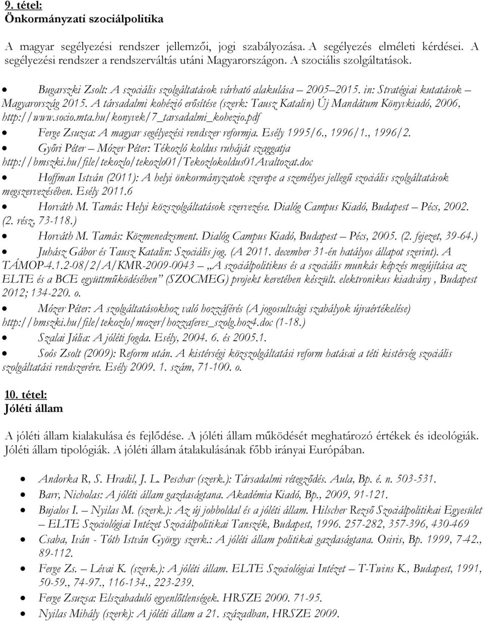 A társadalmi kohézió erősítése (szerk: Tausz Katalin) Új Mandátum Könyvkiadó, 2006, http://www.socio.mta.hu/konyvek/7_tarsadalmi_kohezio.pdf Ferge Zsuzsa: A magyar segélyezési rendszer reformja.