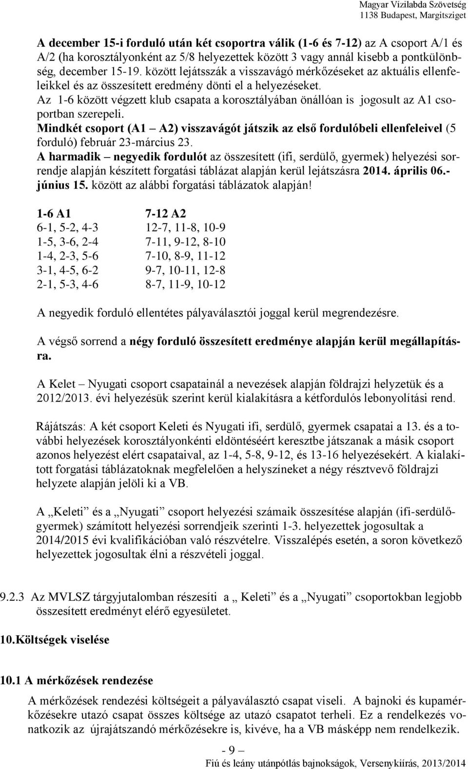 Az 1-6 között végzett klub csapata a korosztályában önállóan is jogosult az A1 csoportban szerepeli.