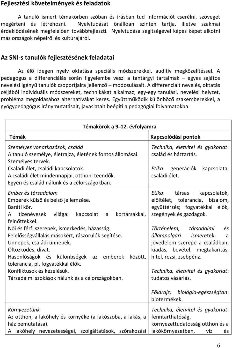 Az SNI-s tanulók fejlesztésének feladatai Az élõ idegen nyelv oktatása speciális módszerekkel, auditív megközelítéssel.