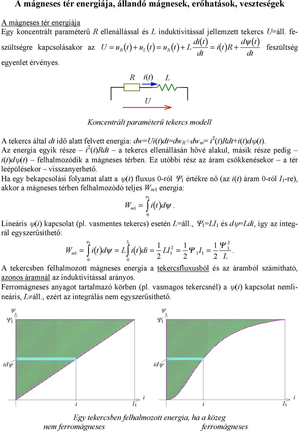 felvett energa: dw=u(t)dt=dw R +dw m = (t)rdt+(t)dψ(t) Az energa egyk része (t)rdt a tekercs ellenállásán hővé alakul, másk része pedg (t)dψ(t) felhalmozódk a mágneses térben Ez utóbb rész az áram