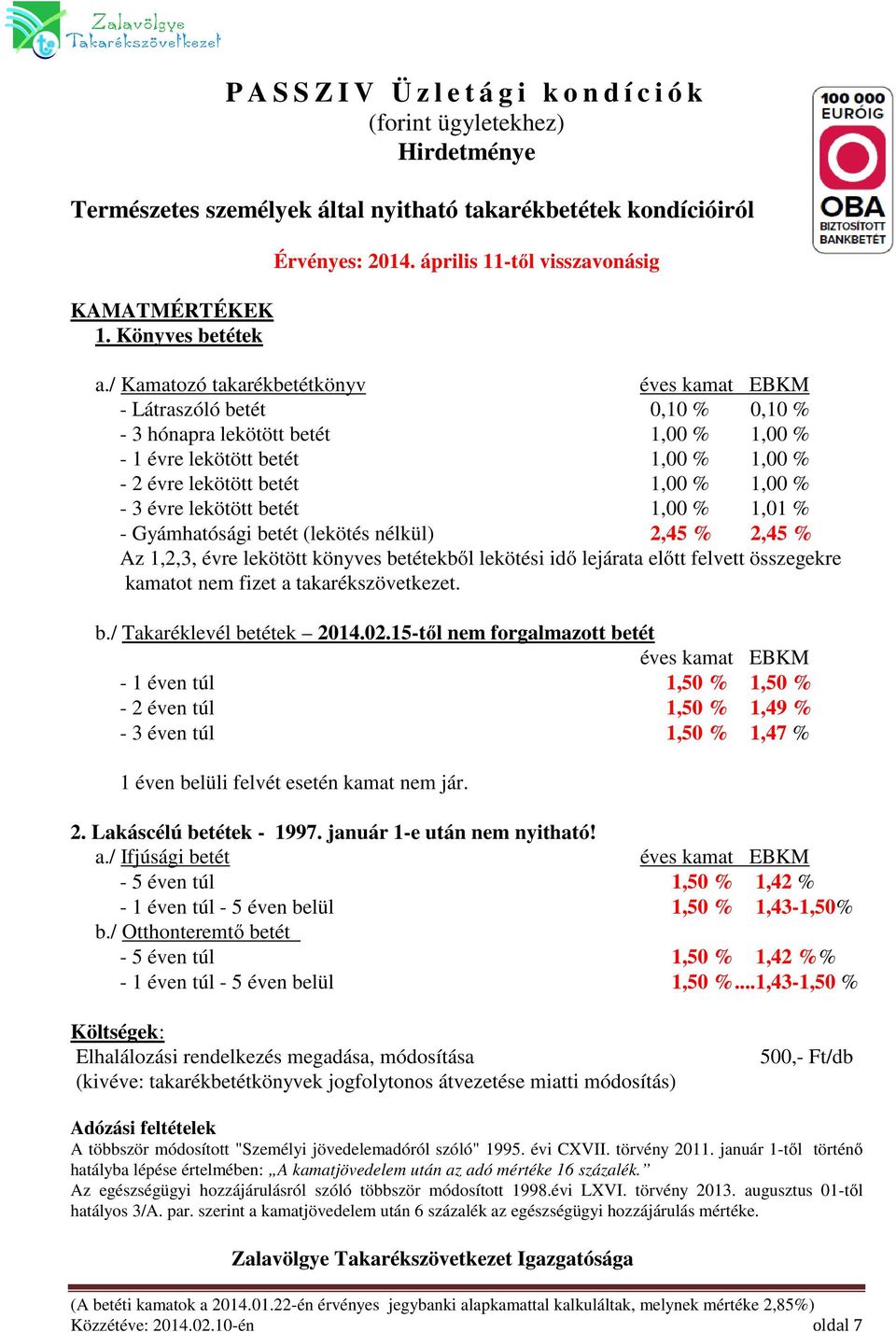 / Kamatozó takarékbetétkönyv éves kamat EBKM - Látraszóló betét 0,10 % 0,10 % - 3 hónapra lekötött betét 1,00 % 1,00 % - 1 évre lekötött betét 1,00 % 1,00 % - 2 évre lekötött betét 1,00 % 1,00 % - 3