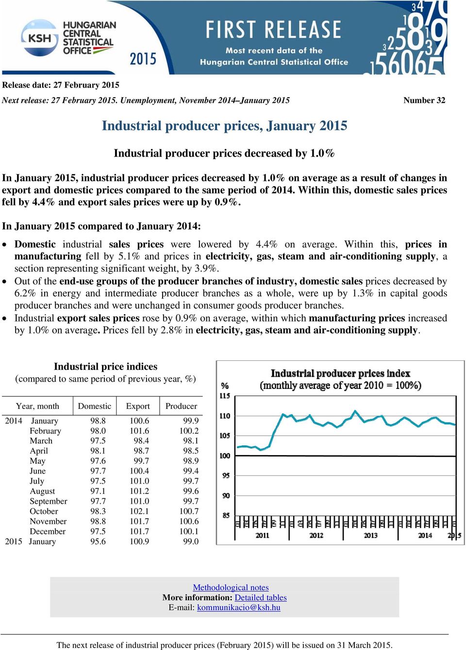 4% export sales prices were up by 0.9%. In January 2015 compared to January 2014: Domestic industrial sales prices were lowered by 4.4% on average. Within this, prices in manufacturing fell by 5.