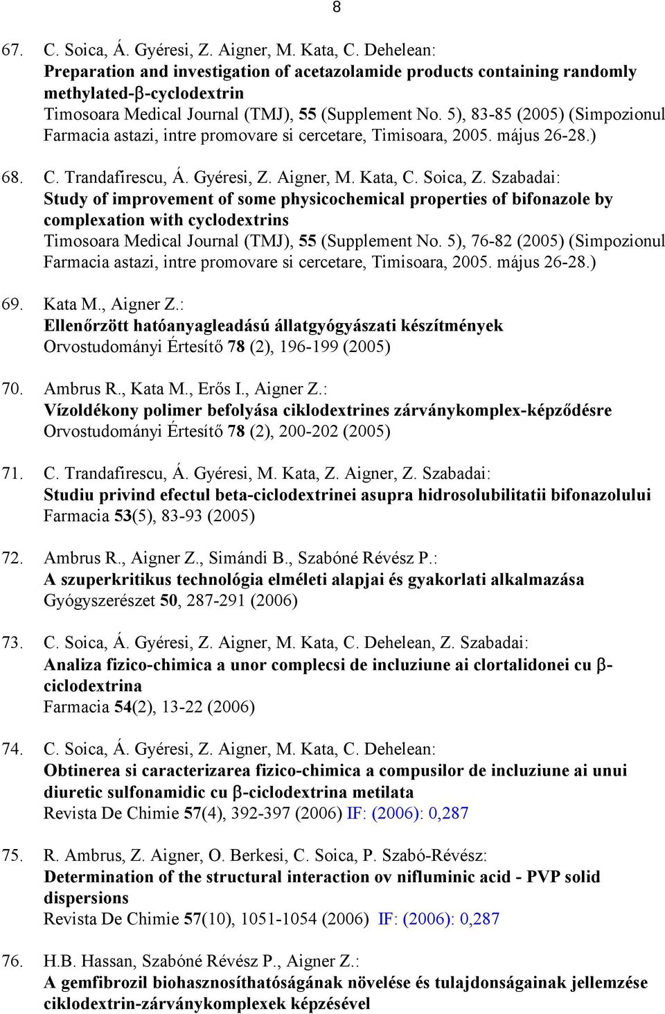 5), 83-85 (2005) (Simpozionul Farmacia astazi, intre promovare si cercetare, Timisoara, 2005. május 26-28.) 68. C. Trandafirescu, Á. Gyéresi, Z. Aigner, M. Kata, C. Soica, Z.