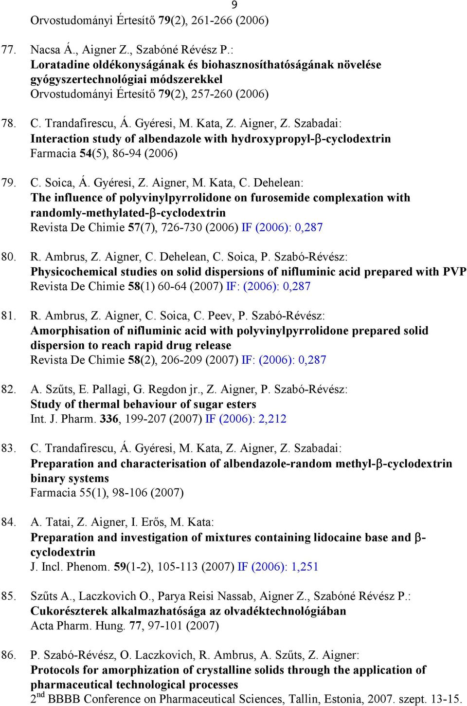 Aigner, Z. Szabadai: Interaction study of albendazole with hydroxypropyl--cyclodextrin Farmacia 54(5), 86-94 (2006) 79. C. Soica, Á. Gyéresi, Z. Aigner, M. Kata, C.