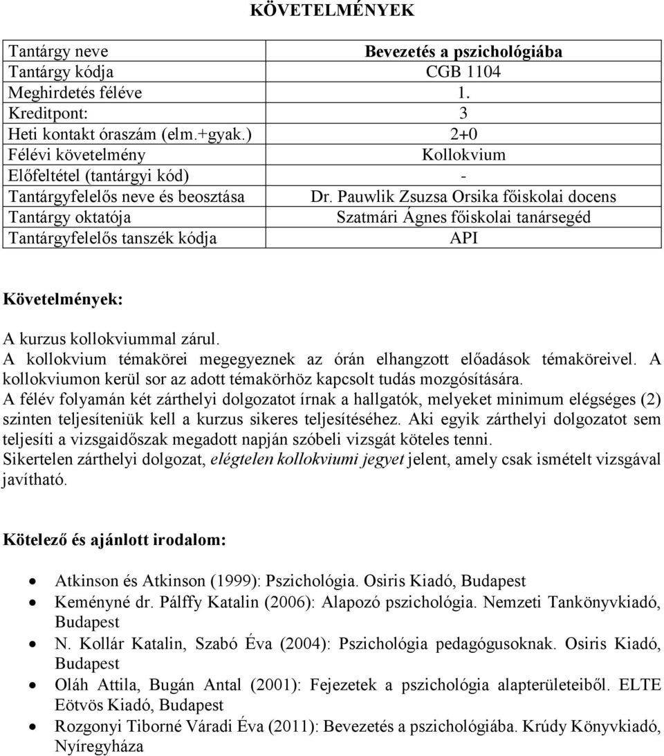 A félév folyamán két zárthelyi dolgozatot írnak a hallgatók, melyeket minimum elégséges (2) szinten teljesíteniük kell a kurzus sikeres teljesítéséhez.