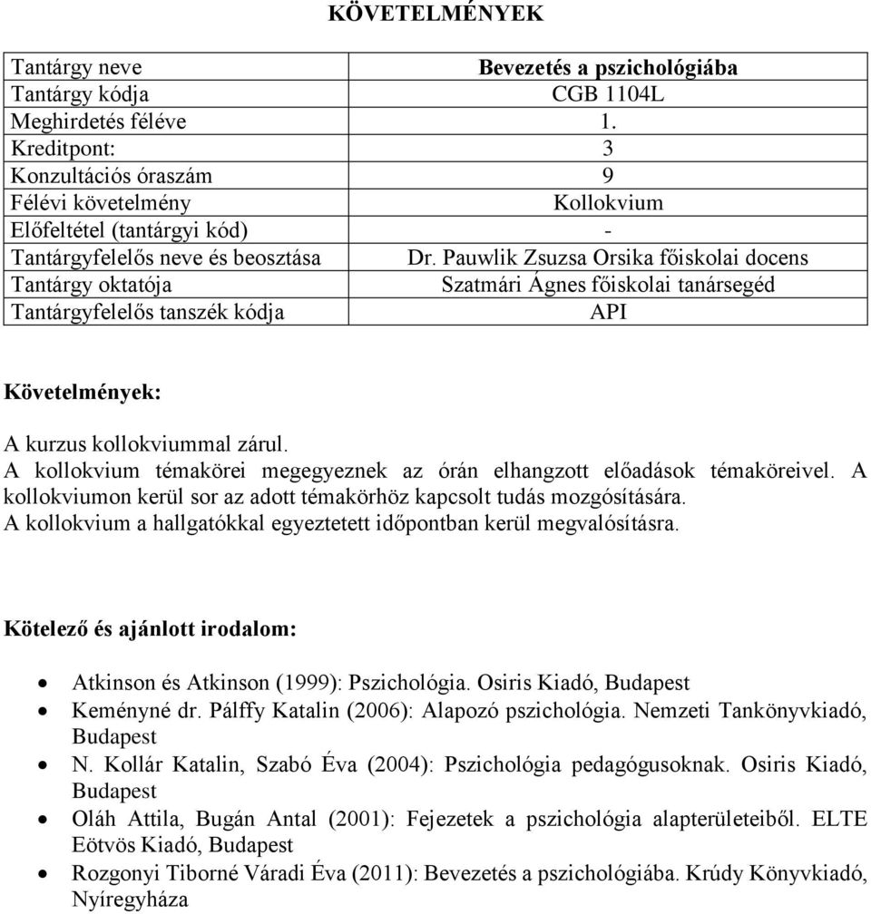 A kollokvium a hallgatókkal egyeztetett időpontban kerül megvalósításra. Kötelező és ajánlott irodalom: Atkinson és Atkinson (1999): Pszichológia. Osiris Kiadó, Keményné dr.