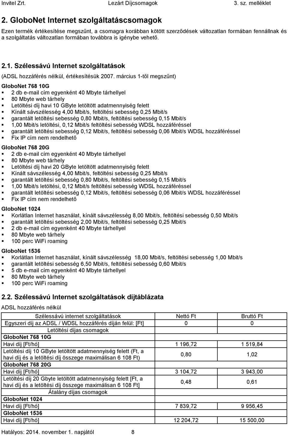március 1-től megszűnt) GloboNet 768 10G 2 db e-mail cím egyenként 40 Mbyte tárhellyel 80 Mbyte web tárhely Letöltési díj havi 10 GByte letöltött adatmennyiség felett Kínált sávszélesség 4,00 Mbit/s,