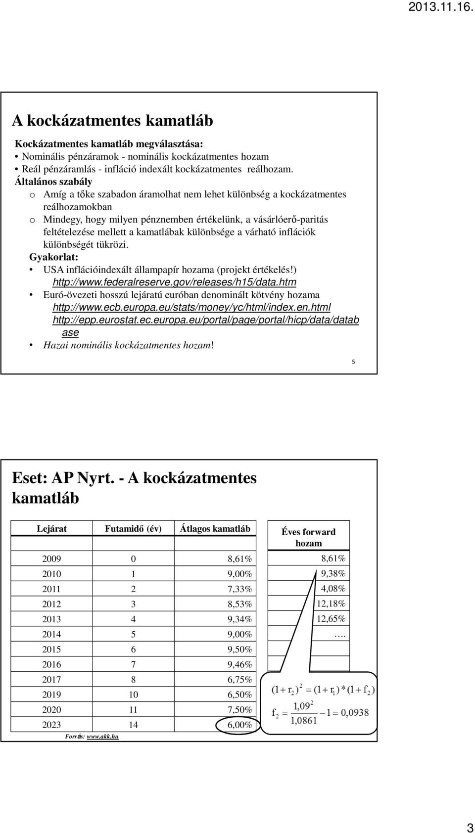 kamatlábak különbsége a várható inflációk különbségét tükrözi. Gyakorlat: USA inflációindexált állampapír hozama (projekt értékelés!) http://www.federalreserve.gov/releases/h15/data.