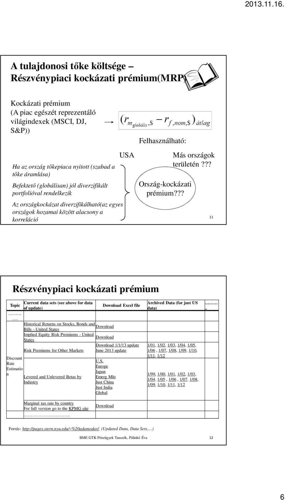 prémium??? Más országok területén??? 11 Részvénypiaci kockázati prémium Topic.