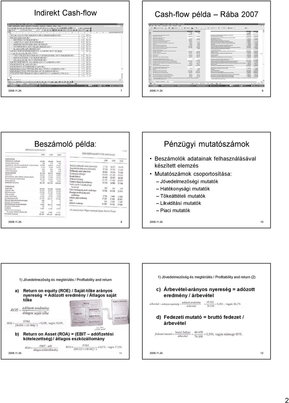 8 Beszámoló példa: Pénzügyi mutatószámok Beszámolók adatainak felhasználásával készített elemzés Mutatószámok csoportosítása: Jövedelmezőségi mutatók Hatékonysági mutatók Tőkeáttételi mutatók