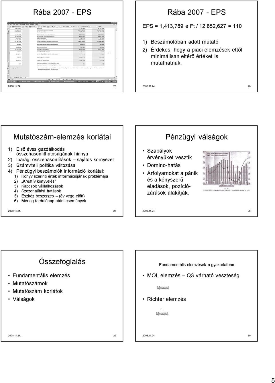 26 Mutatószám-elemzés korlátai 1) Első éves gazdálkodás összehasonlíthatóságának hiánya 2) Iparági összehasonlítások sajátos környezet 3) Számviteli politika változása 4) Pénzügyi beszámolók