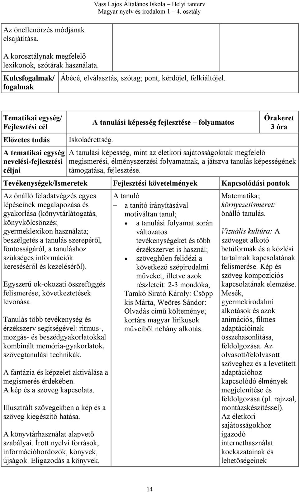 A tanulási képesség fejlesztése folyamatos 3 óra A tanulási képesség, mint az életkori sajátosságoknak megfelelő megismerési, élményszerzési folyamatnak, a játszva tanulás képességének támogatása,