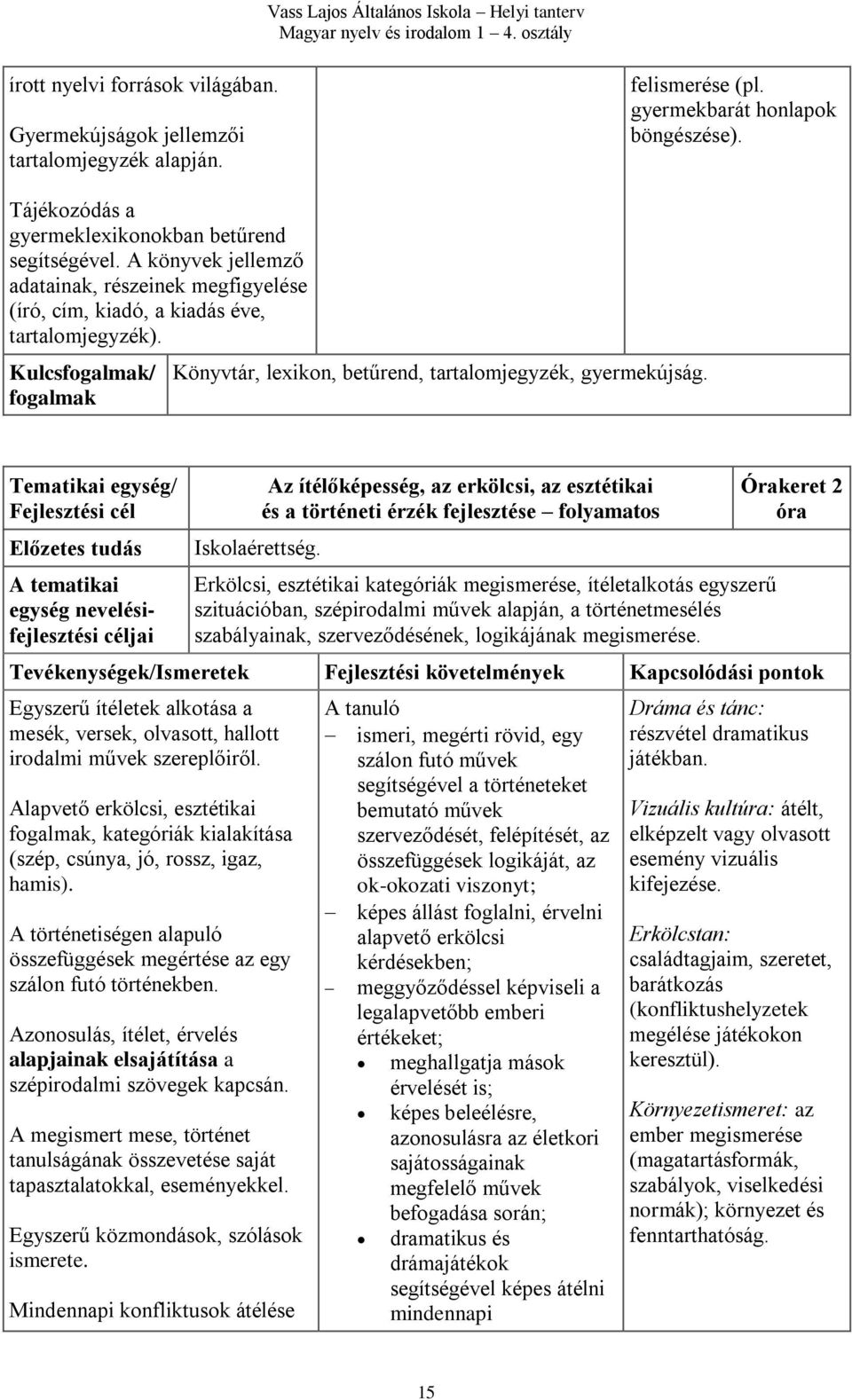 A tematikai egység nevelésifejlesztési Iskolaérettség.