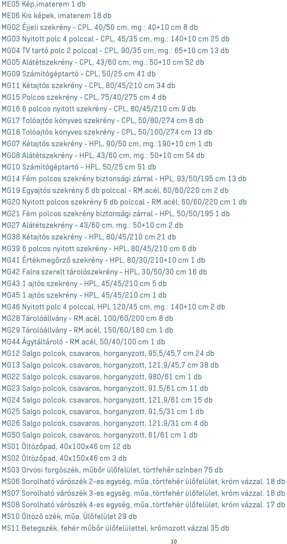 : 50+10 cm 52 db MG09 Számítógéptartó - CPL, 50/25 cm 41 db MG11 Kétajtós szekrény - CPL, 80/45/210 cm 34 db MG15 Polcos szekrény - CPL, 75/40/275 cm 4 db MG16 6 polcos nyitott szekrény - CPL,