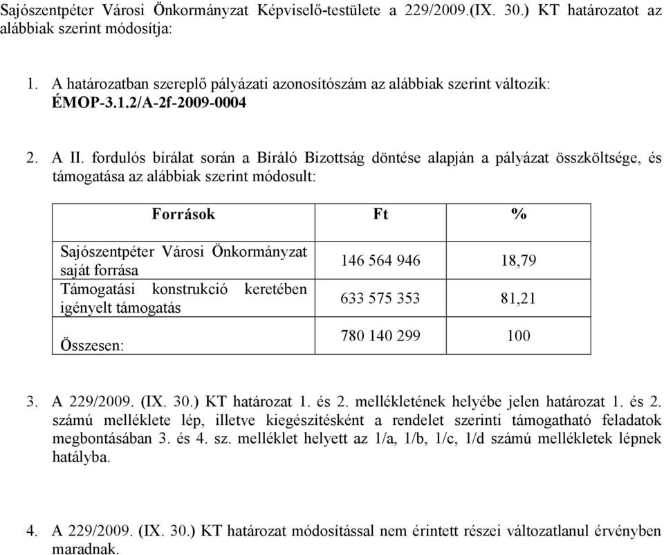 fordulós bírálat során a Bíráló Bizottság döntése alapján a pályázat összöltsége, és támogatása az alábbia szerint módosult: Forráso Ft % Sajószentpéter Városi Önormányzat saját forrása Támogatási