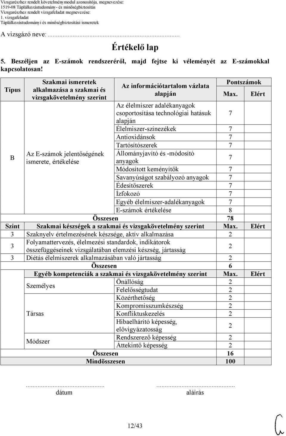 Elért Élelmiszer-színezékek 7 Antioxidánsok 7 Tartósítószerek 7 B Az E-számok jelentőségének Állományjavító és -módosító ismerete, értékelése anyagok 7 Módosított keményítők 7 Savanyúságot szabályozó
