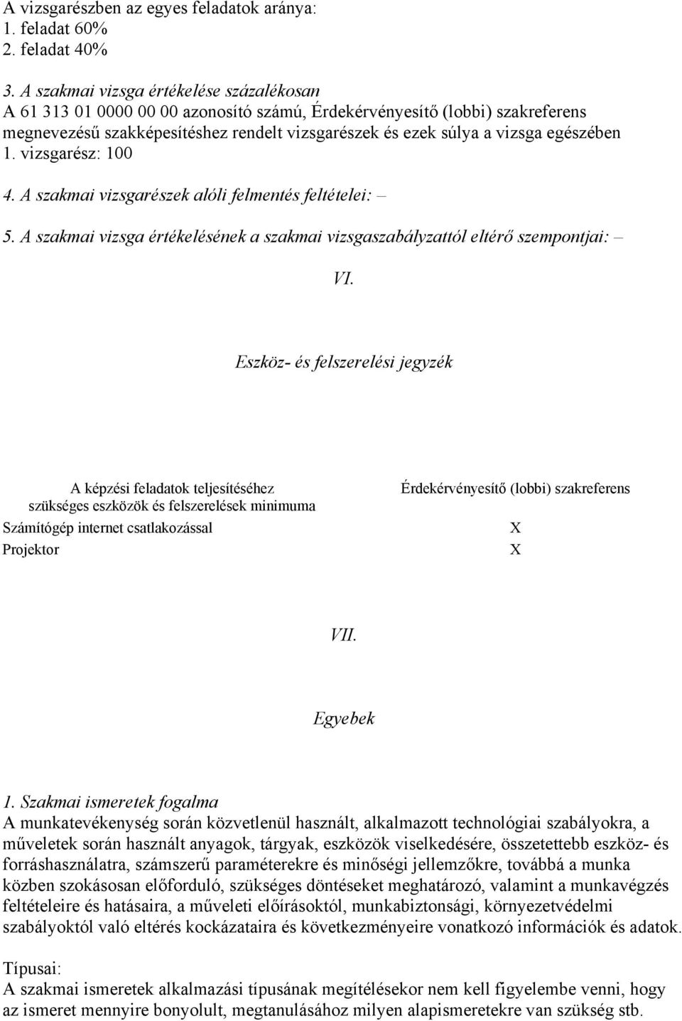 egészében 1. vizsgarész: 100 4. A szakmai vizsgarészek alóli felmentés feltételei: 5. A szakmai vizsga értékelésének a szakmai vizsgaszabályzattól eltérő szempontjai: VI.