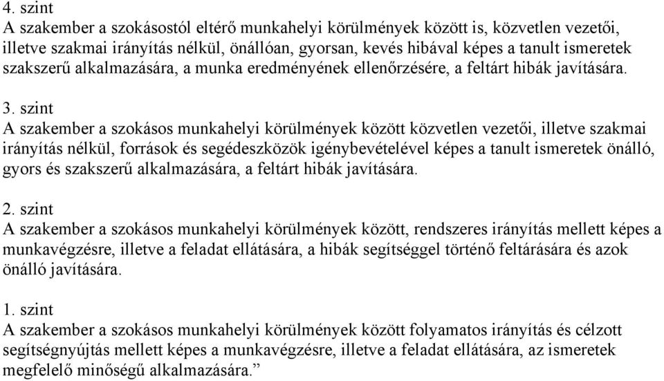 szint A szakember a szokásos munkahelyi körülmények között közvetlen vezetői, illetve szakmai irányítás nélkül, források és segédeszközök igénybevételével képes a tanult ismeretek önálló, gyors és
