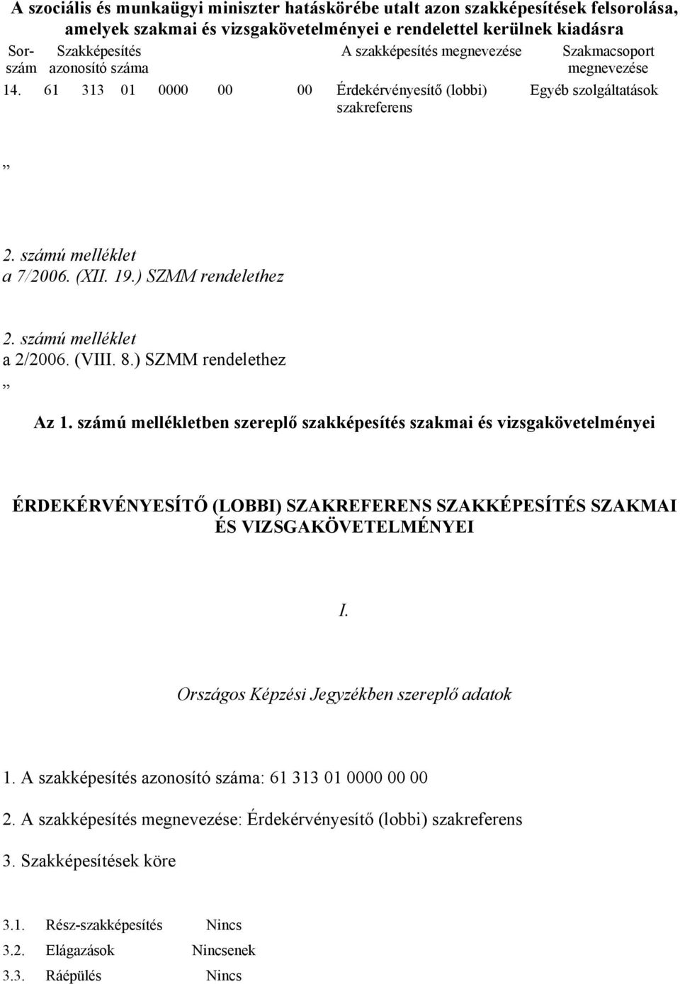 ) SZMM rendelethez 2. számú melléklet a 2/2006. (VIII. 8.) SZMM rendelethez Az 1.