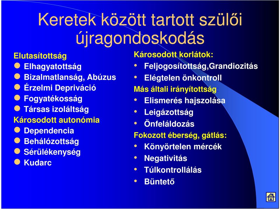 Károsodott korlátok: Feljogosítottság,Grandiozitás Elégtelen önkontroll Más általi irányítottság: Elismerés