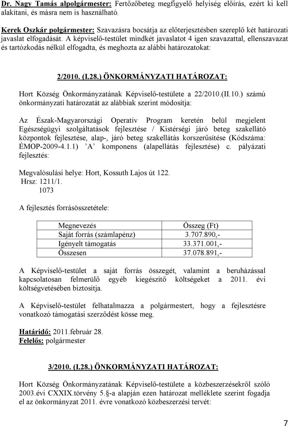 A képviselő-testület mindkét javaslatot 4 igen szavazattal, ellenszavazat és tartózkodás nélkül elfogadta, és meghozta az alábbi határozatokat: 2/2010. (I.28.