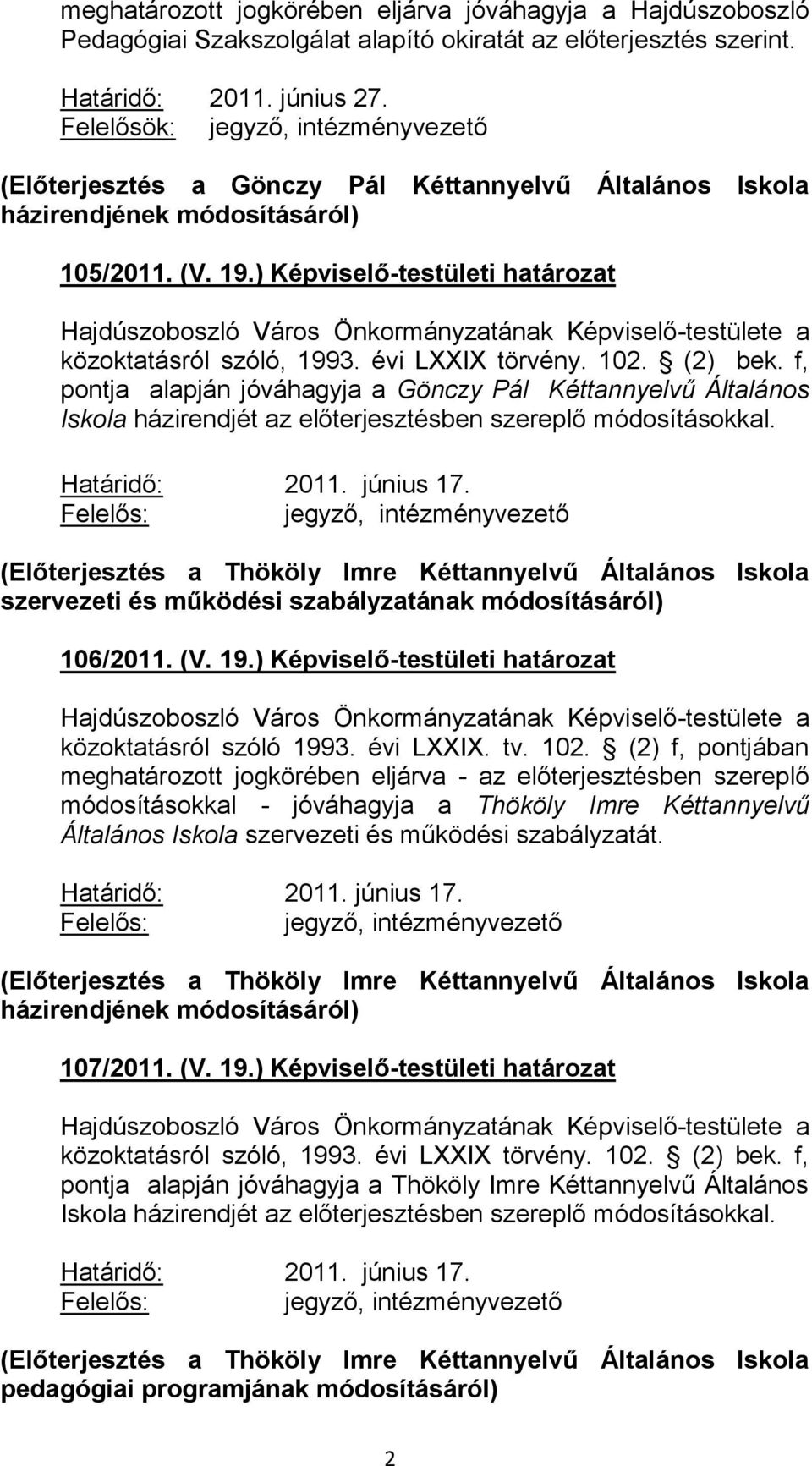 (2) bek. f, pontja alapján jóváhagyja a Gönczy Pál Kéttannyelvű Általános Iskola házirendjét az előterjesztésben szereplő módosításokkal.