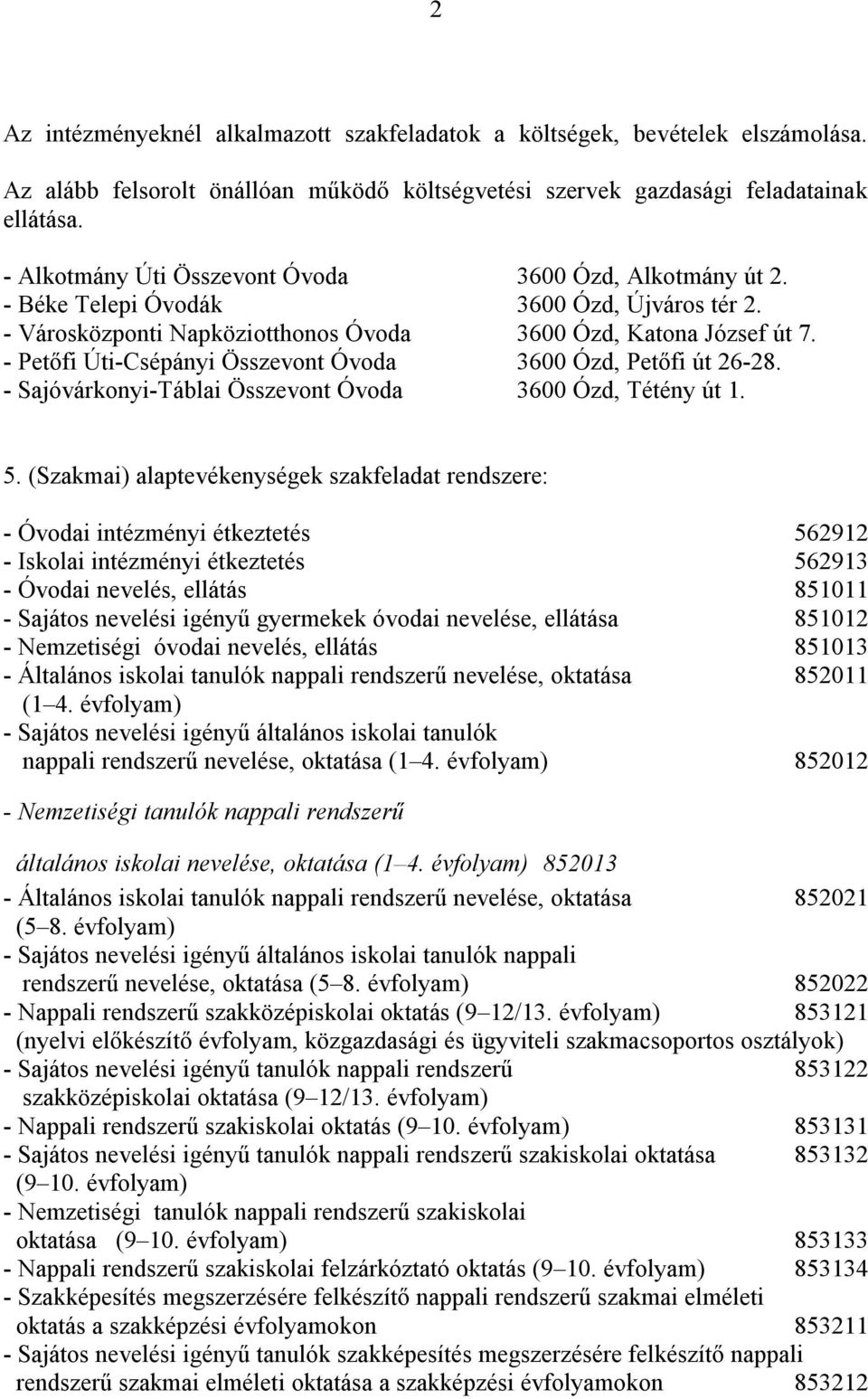 - Petőfi Úti-Csépányi Összevont Óvoda 3600 Ózd, Petőfi út 26-28. - Sajóvárkonyi-Táblai Összevont Óvoda 3600 Ózd, Tétény út 1. 5.