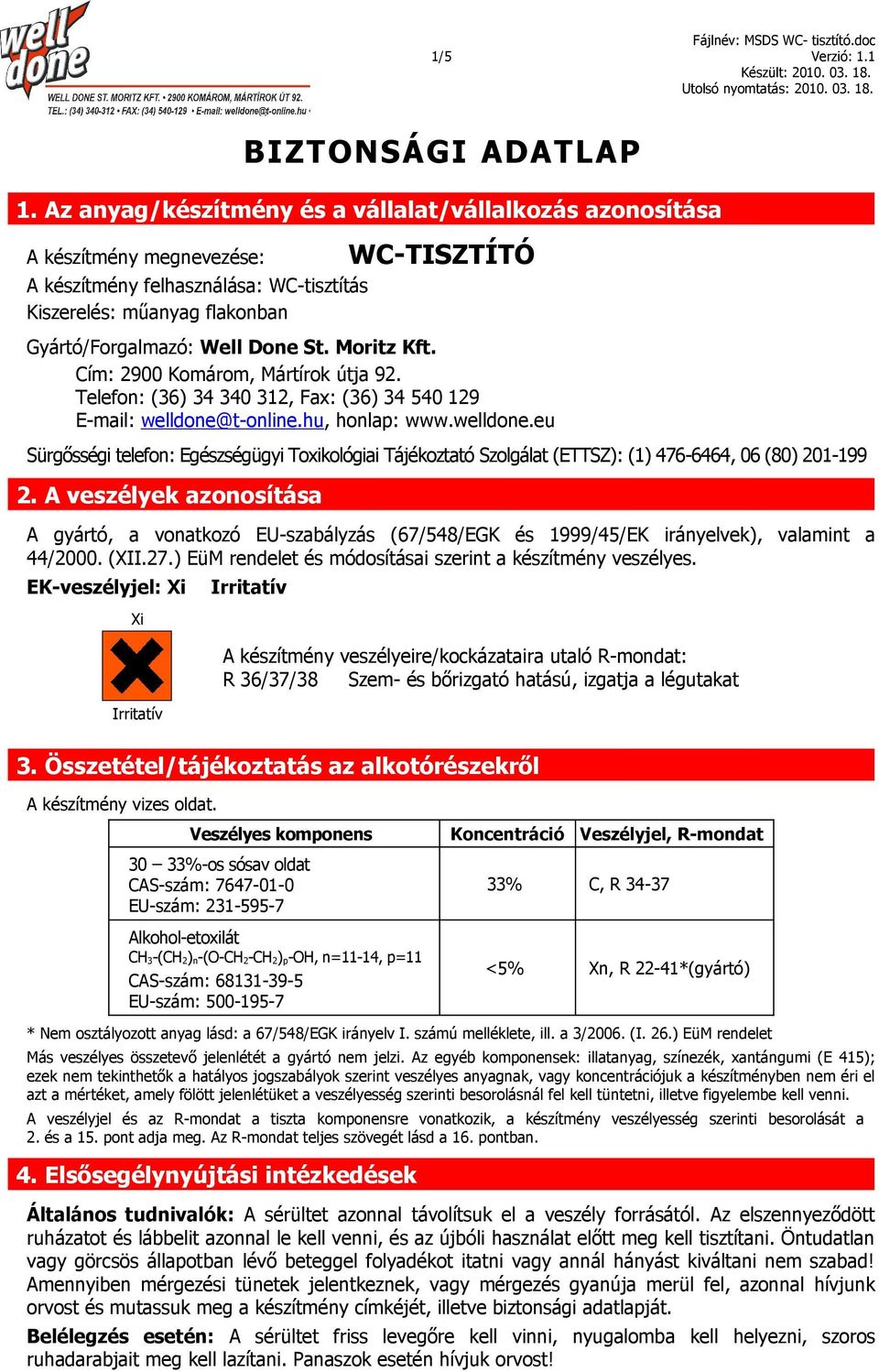 Moritz Kft. Cím: 2900 Komárom, Mártírok útja 92. Telefon: (36) 34 340 312, Fax: (36) 34 540 129 E-mail: welldone@