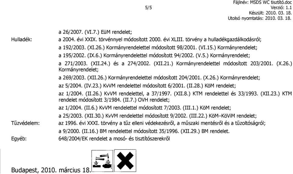 ) Kormányrendelet; a 269/2003. (XII.26.) Kormányrendelettel módosított 204/2001. (X.26.) Kormányrendelet; az 5/2004. (IV.23.) KvVM rendelettel módosított 6/2001. (II.28.) KöM rendelet; az 1/2004. (II.26.) KvVM rendelettel, a 37/1997.