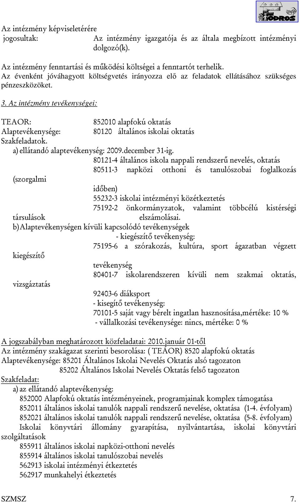 Az intézmény tevékenységei: TEAOR: 852010 alapfokú oktatás Alaptevékenysége: 80120 általános iskolai oktatás Szakfeladatok. a) ellátandó alaptevékenység: 2009.december 31-ig.