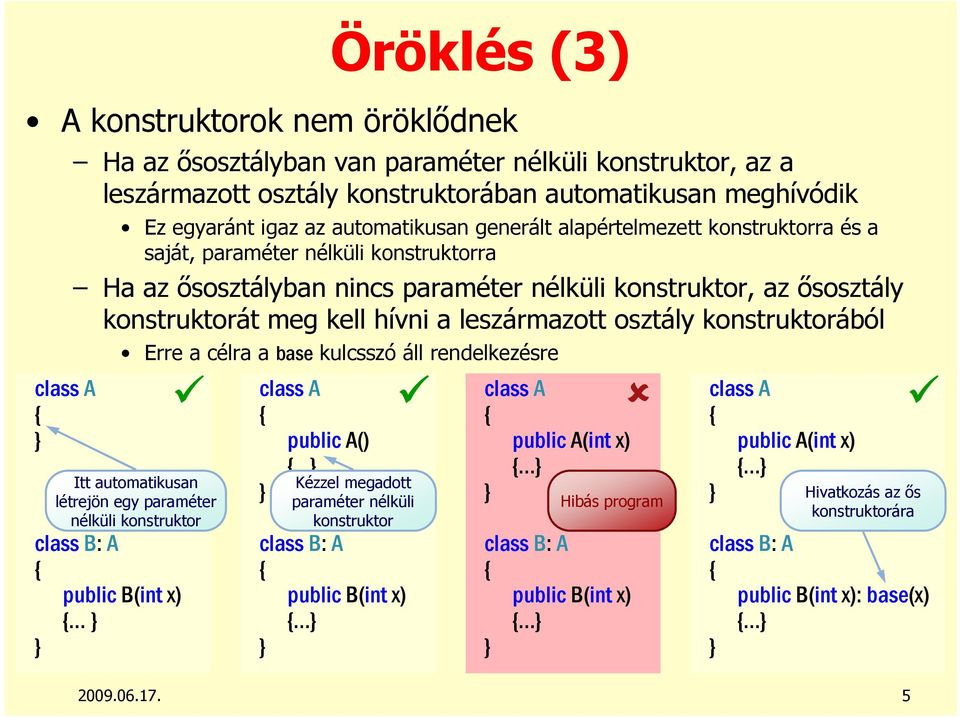 leszármazott osztály konstruktorából class B: A public B(int x) Erre a célra a base kulcsszó áll rendelkezésre Itt automatikusan létrejön egy paraméter nélküli konstruktor class A public A() Kézzel
