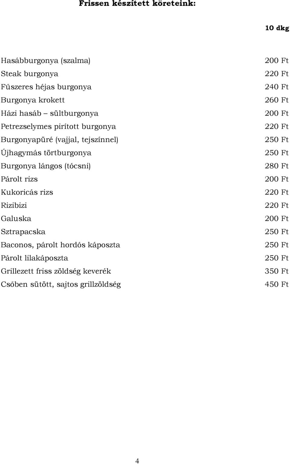 Burgonya lángos (tócsni) Párolt rizs Kukoricás rizs Rizibizi Galuska Sztrapacska Baconos, párolt hordós káposzta