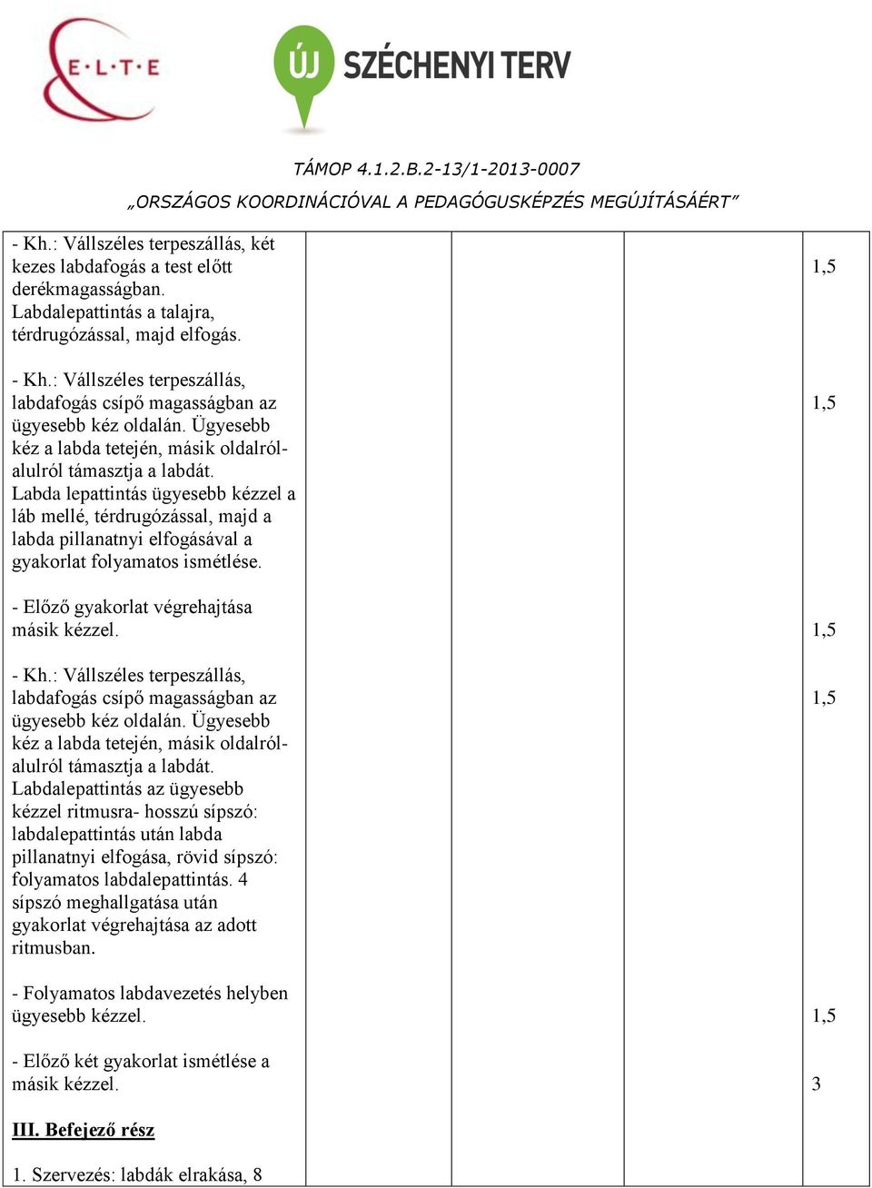 Labda lepattintás ügyesebb kézzel a láb mellé, térdrugózással, majd a labda pillanatnyi elfogásával a gyakorlat folyamatos ismétlése. - Előző gyakorlat végrehajtása másik kézzel. - Kh.