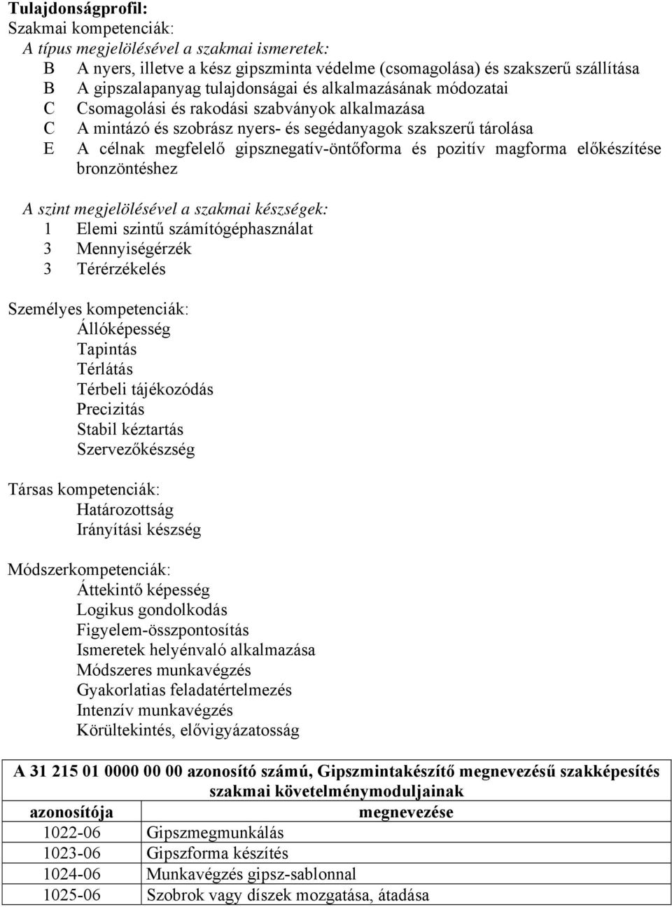 gipsznegatív-öntőforma és pozitív magforma előkészítése bronzöntéshez A szint megjelölésével a szakmai készségek: 1 Elemi szintű számítógéphasználat 3 Mennyiségérzék 3 Térérzékelés Személyes