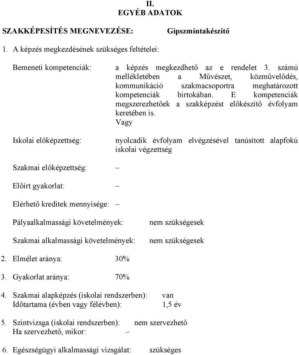 Vagy nyolcadik évfolyam elvégzésével tanúsított alapfokú iskolai végzettség Szakmai előképzettség: Előírt gyakorlat: Elérhető kreditek mennyisége: Pályaalkalmassági követelmények: Szakmai