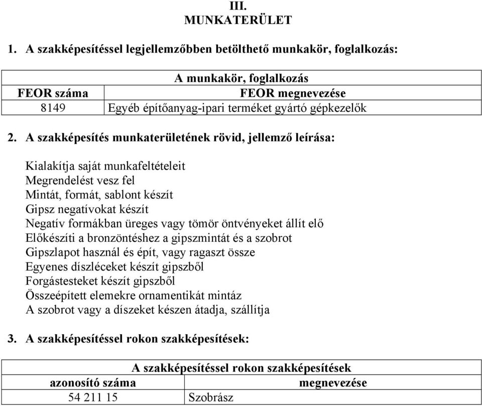 tömör öntvényeket állít elő Előkészíti a bronzöntéshez a gipszmintát és a szobrot Gipszlapot használ és épít, vagy ragaszt össze Egyenes díszléceket készít gipszből Forgástesteket készít gipszből