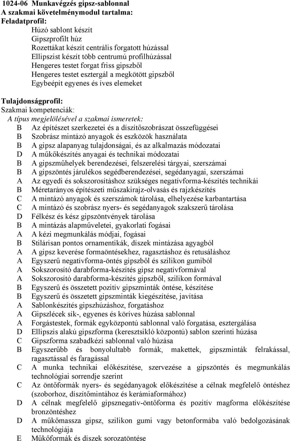 megjelölésével a szakmai ismeretek: B Az építészet szerkezetei és a díszítőszobrászat összefüggései B Szobrász mintázó anyagok és eszközök használata B A gipsz alapanyag tulajdonságai, és az