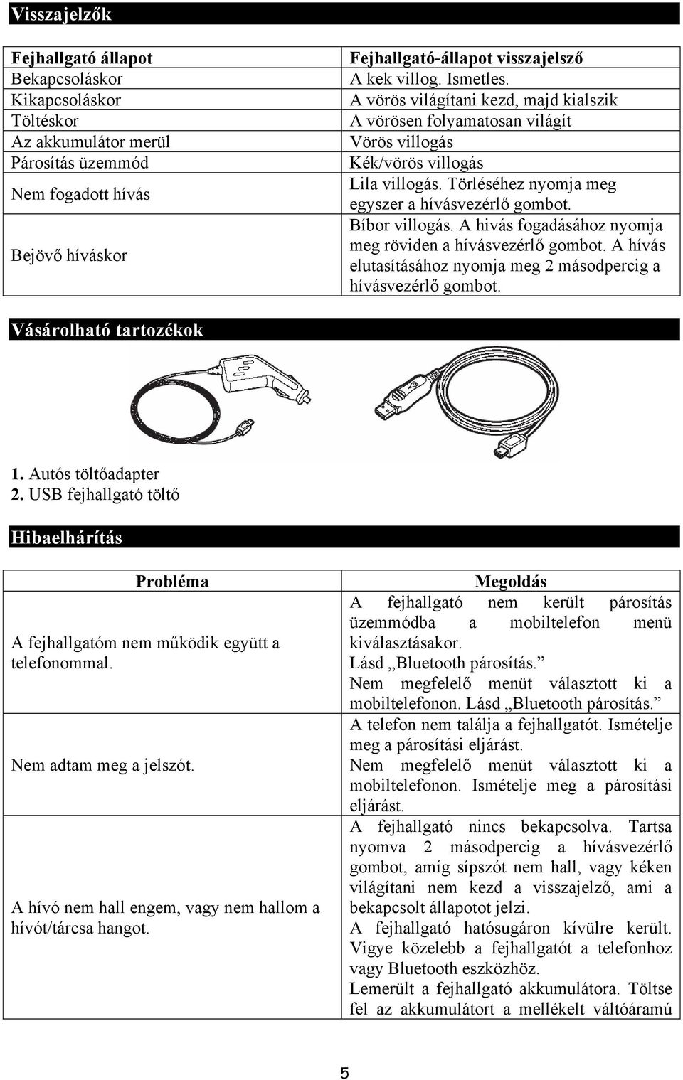 A hivás fogadásához nyomja meg röviden a hívásvezérlő gombot. A hívás elutasításához nyomja meg 2 másodpercig a hívásvezérlő gombot. Vásárolható tartozékok 1. Autós töltőadapter 2.