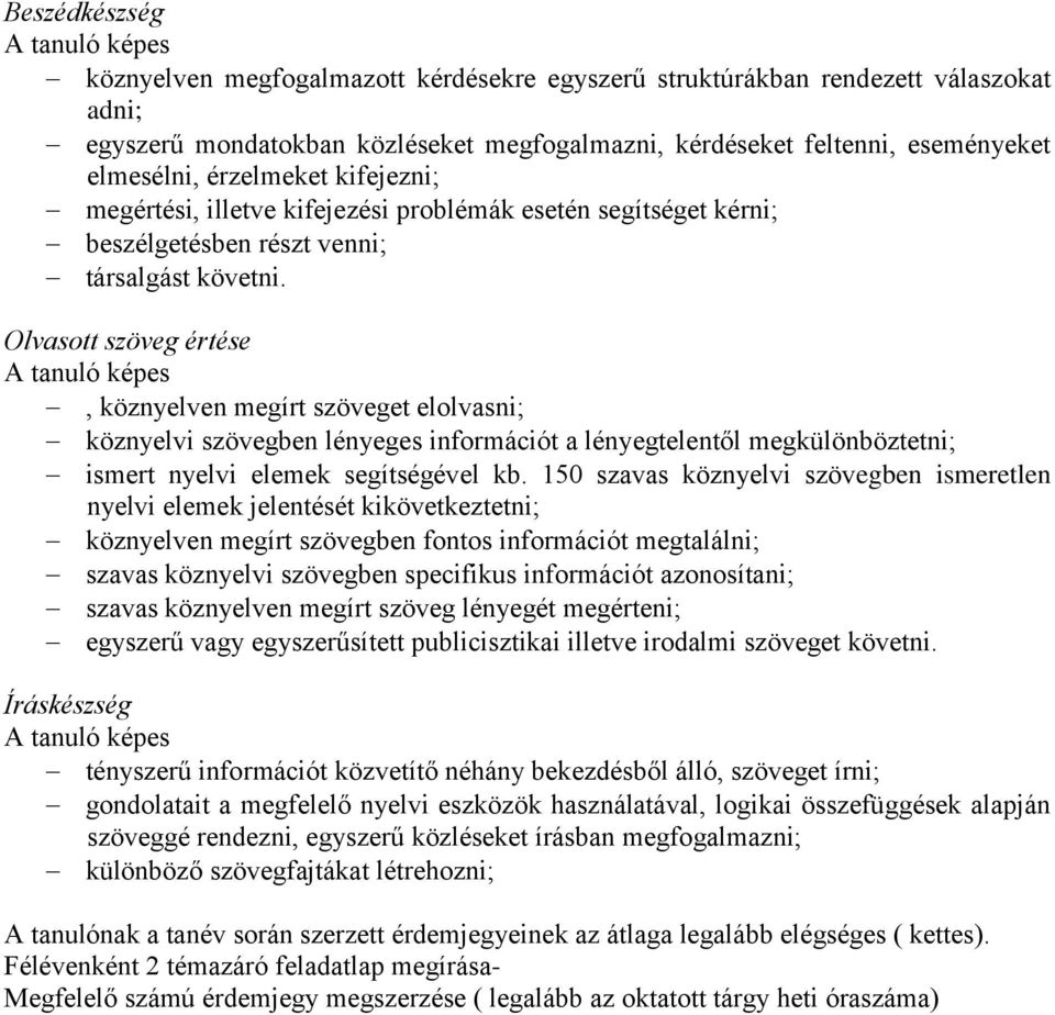 Olvasott szöveg értése A tanuló képes, köznyelven megírt szöveget elolvasni; köznyelvi szövegben lényeges információt a lényegtelentől megkülönböztetni; ismert nyelvi elemek segítségével kb.