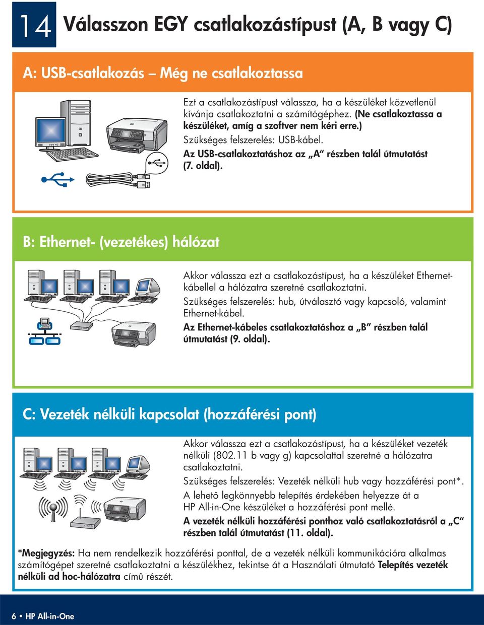 B: Ethernet- (vezetékes) hálózat Akkor válassza ezt a csatlakozástípust, ha a készüléket Ethernetkábellel a hálózatra szeretné csatlakoztatni.