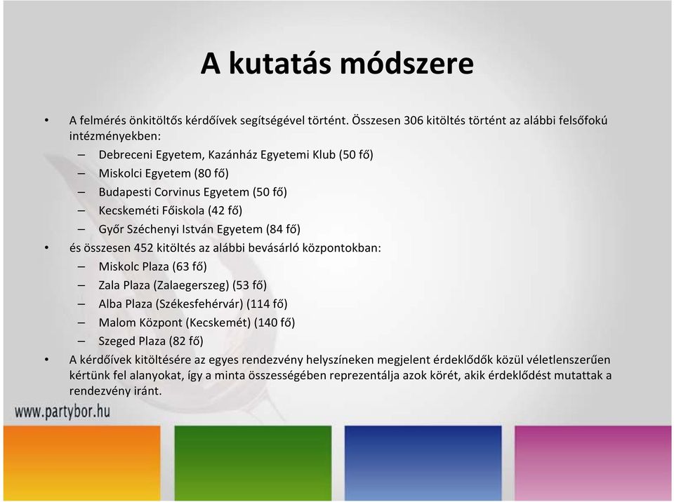 Kecskeméti Főiskola (42 fő) Győr Széchenyi István Egyetem (84 fő) és összesen 452 kitöltés az alábbi bevásárló központokban: Miskolc Plaza (63 fő) Zala Plaza (Zalaegerszeg) (53 fő) Alba