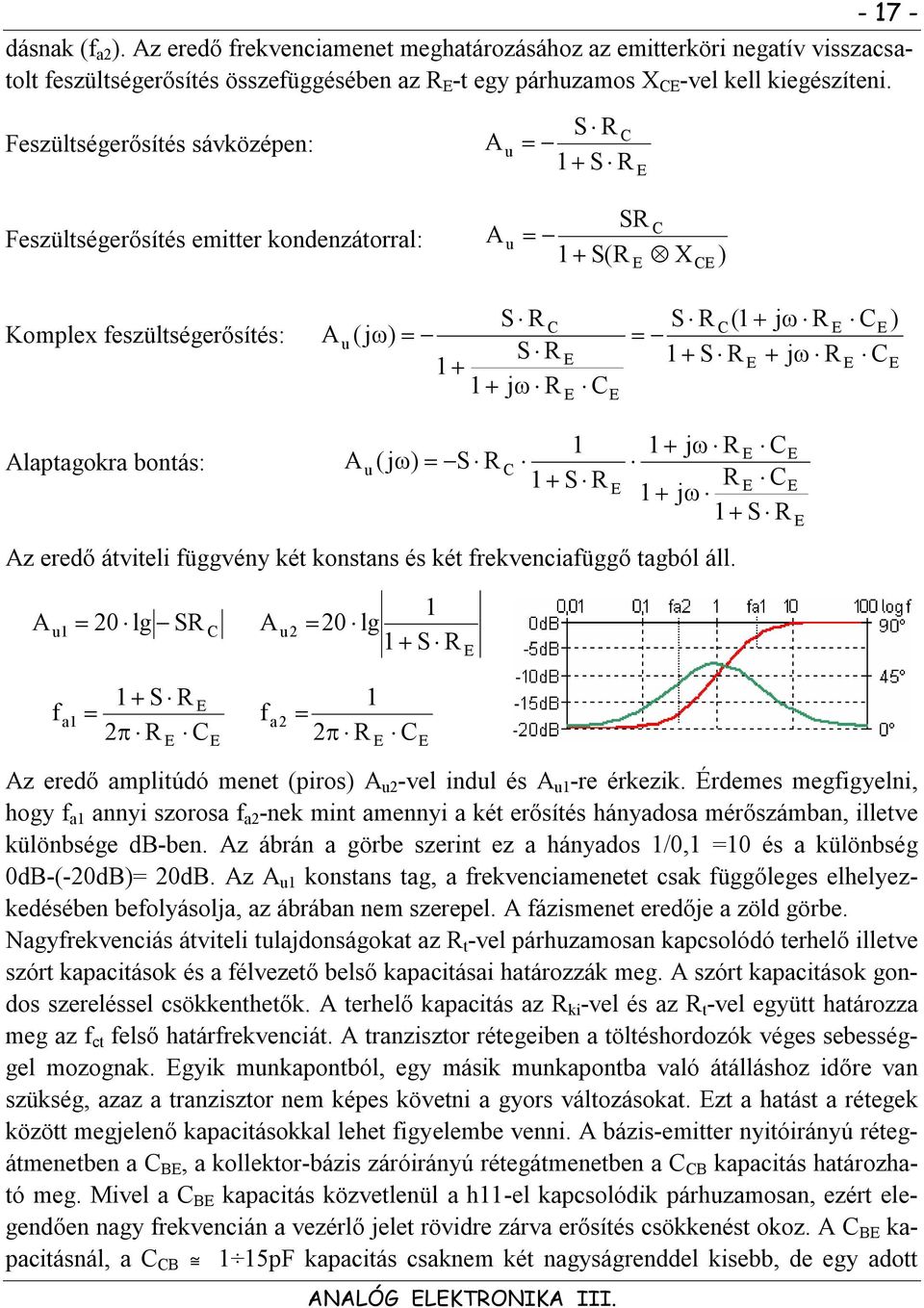 függvény ké konsans és ké frekvenciafüggő agból áll. C S j C C j S A u 0 lg S C A u 0 lg S f a S C f a C Az eredő ampliúdó mene (piros) A u -vel indul és A u -re érkezik.